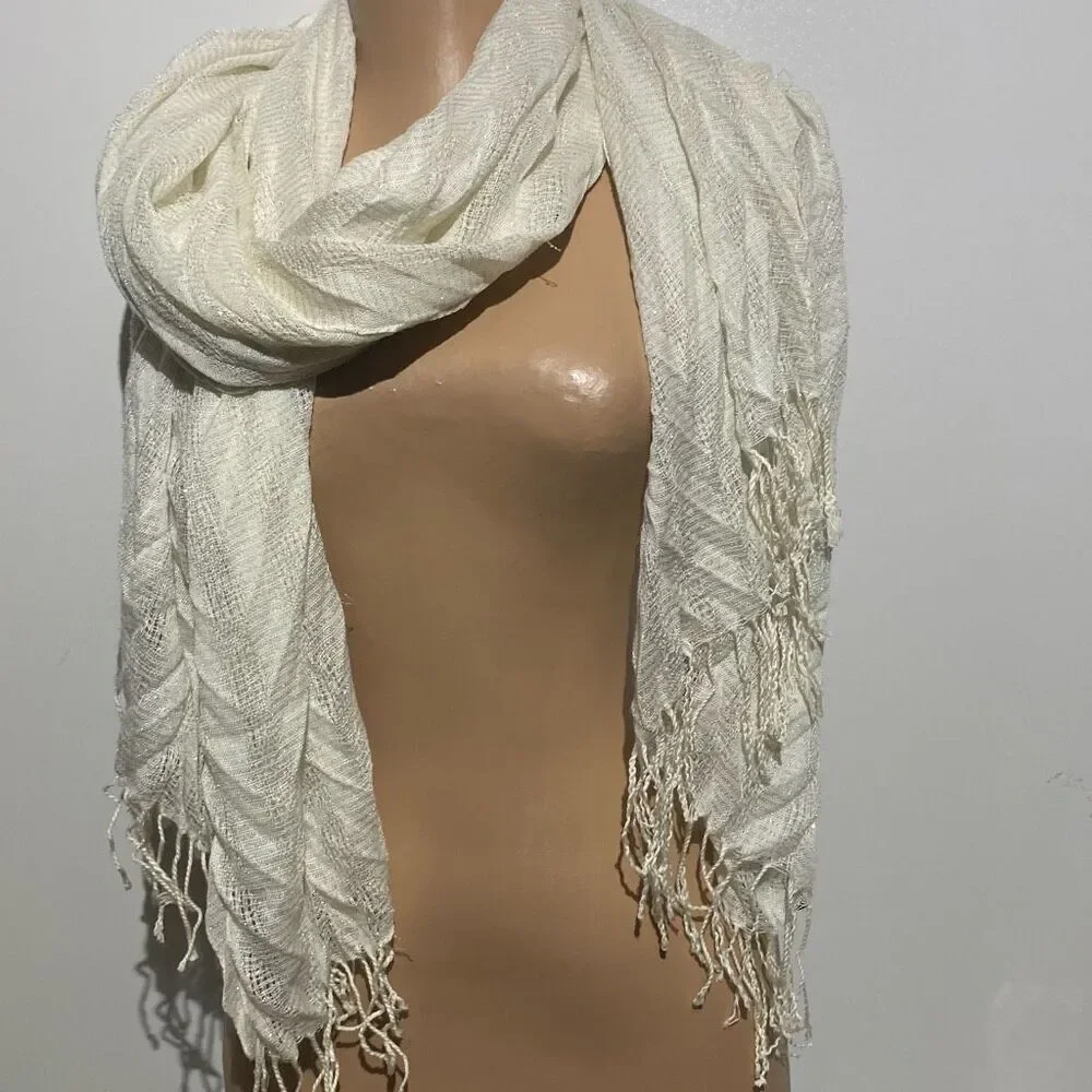 Jones New York Women's Ivory Viscose Soft Tassel Fringe Scarf Wrap Size 24‎ x 82